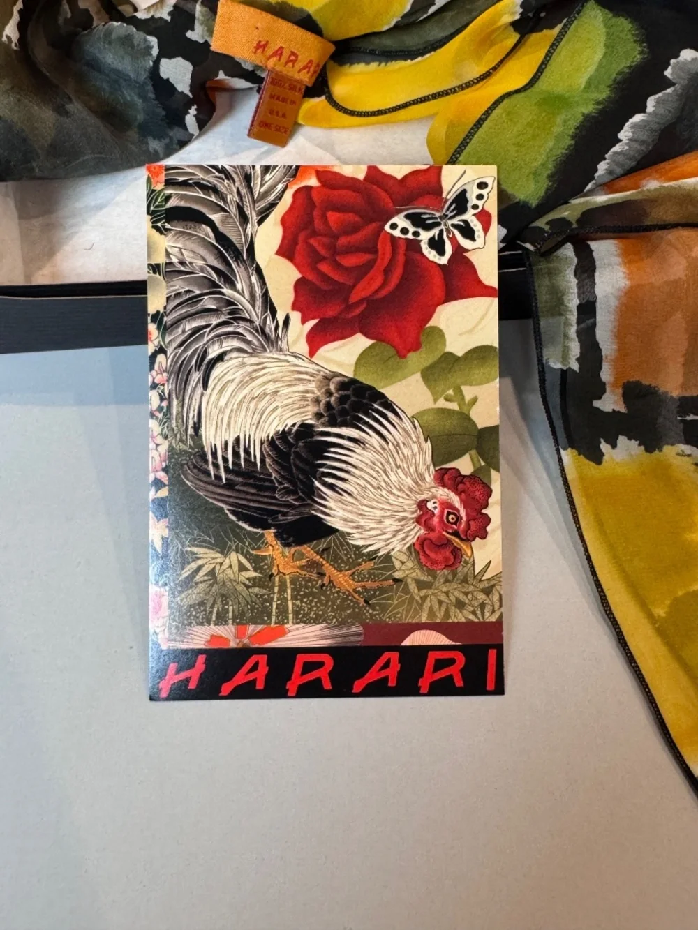 New HARARI 100% Silk Scarf Abstract Colorblock Tile Print in Original Box + Card